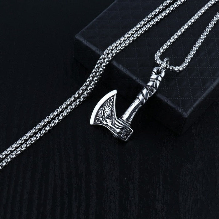 Wolf Totem Axe Pendant: silver, dark gray battle axe, ornamental fantasy style