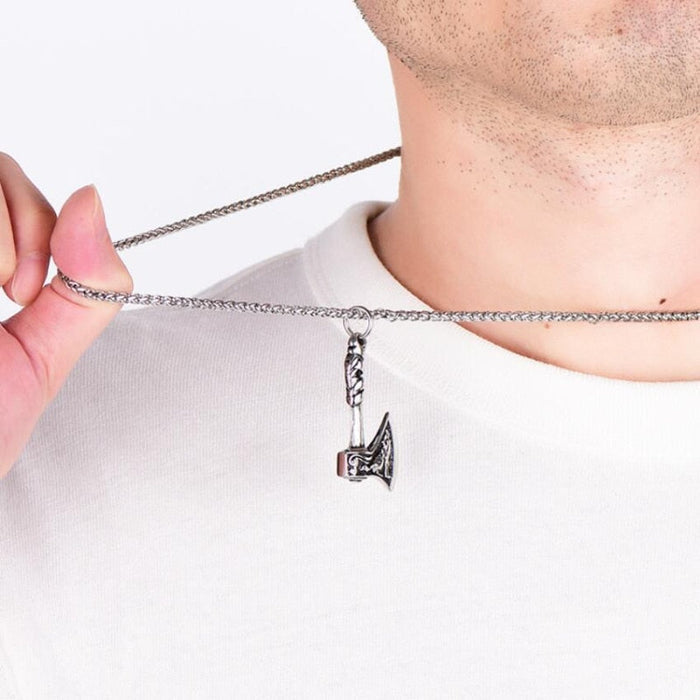 Wolf Totem Axe Pendant: silver, dark gray battle axe, ornamental fantasy style