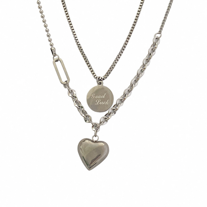Women's Fortune Layered Necklace With Heart-Shaped Charm: silver heart, minimal style