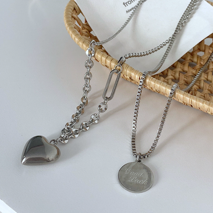 Women's Fortune Layered Necklace With Heart-Shaped Charm: silver heart, minimal style