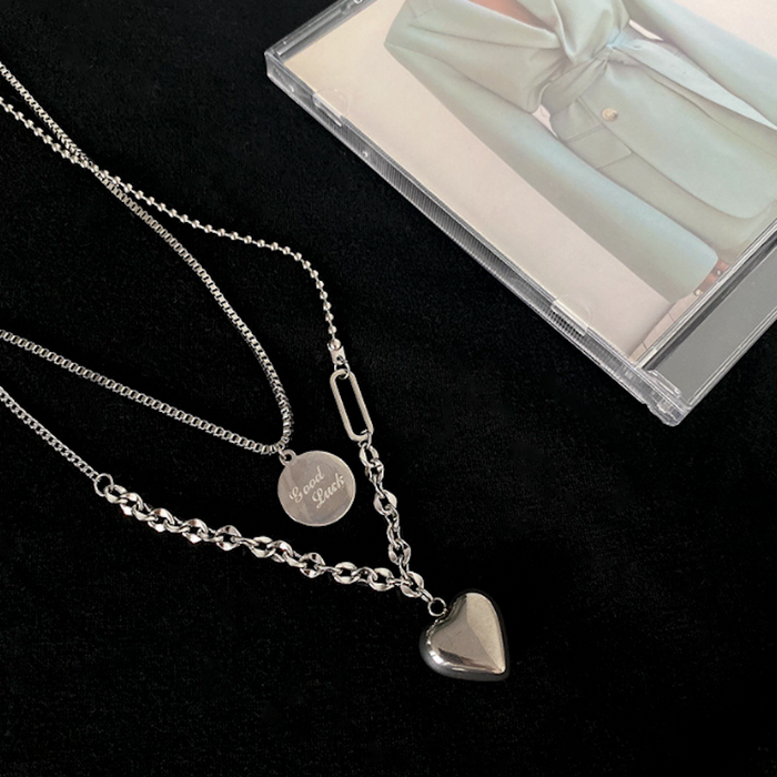 Women's Fortune Layered Necklace With Heart-Shaped Charm: silver heart, minimal style