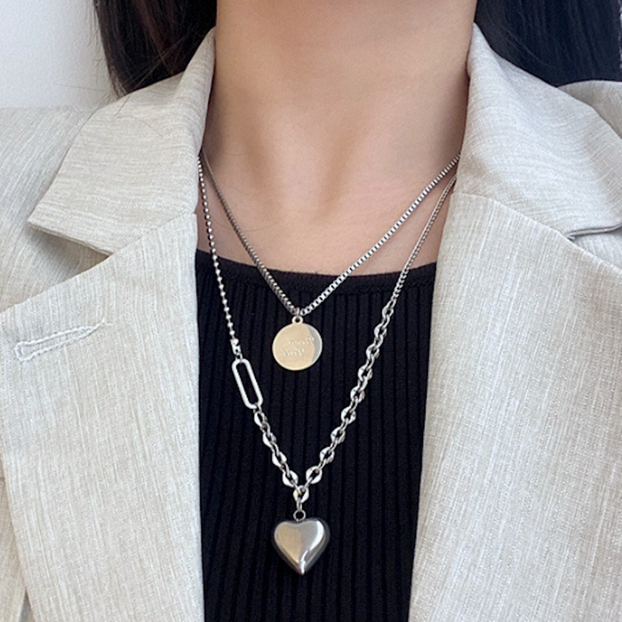 Women's Fortune Layered Necklace With Heart-Shaped Charm: silver heart, minimal style