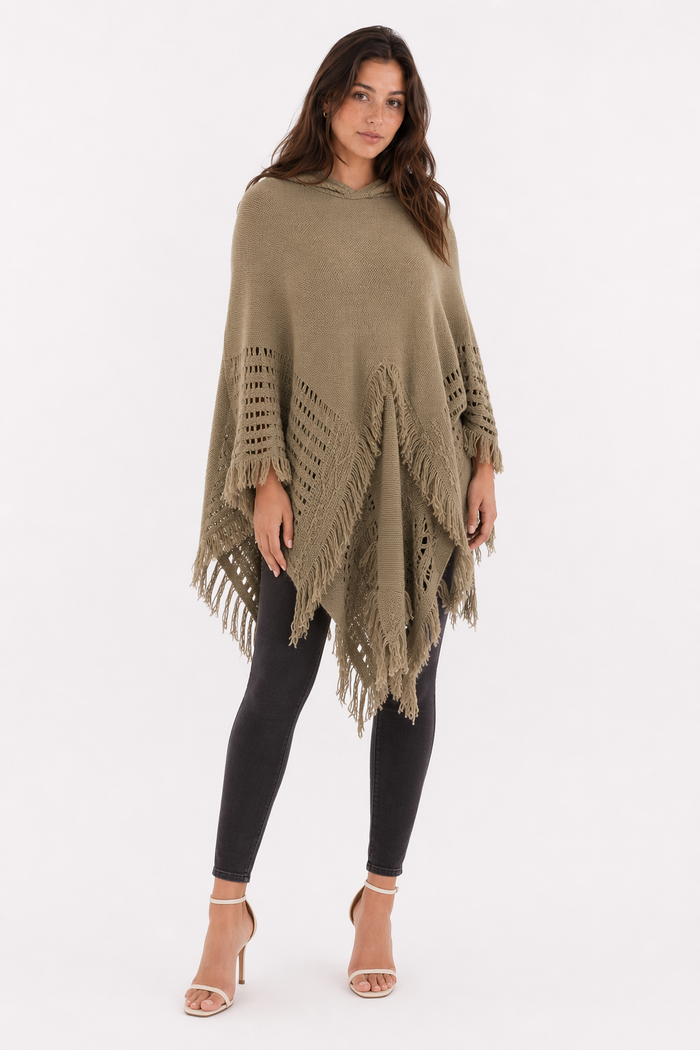 Women's Fringed Hooded Cape Khaki