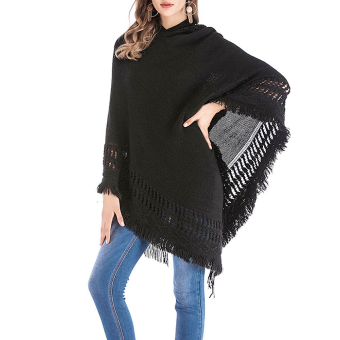 Women's Fringed Hooded Cape: black, gray poncho shawl, casual bohemian style