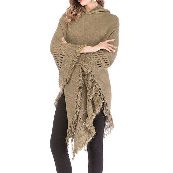 Women's Fringed Hooded Cape: black, gray poncho shawl, casual bohemian style