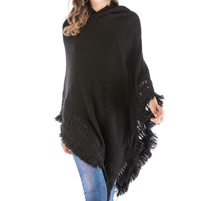 Women's Fringed Hooded Cape: black, gray poncho shawl, casual bohemian style