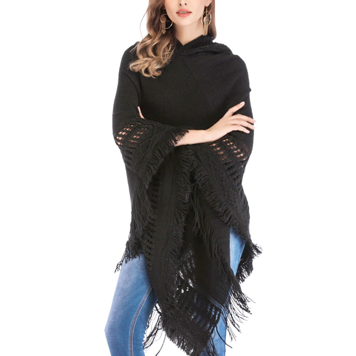 Women's Fringed Hooded Cape: black, gray poncho shawl, casual bohemian style