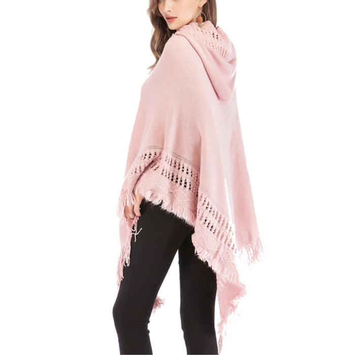 Women's Fringed Hooded Cape: black, gray poncho shawl, casual bohemian style