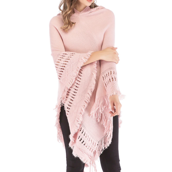 Women's Fringed Hooded Cape: black, gray poncho shawl, casual bohemian style