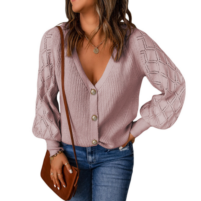 Women's Open Knit Button-Up Sweater: dusty light pink, beige cardigan sweater, casual feminine style