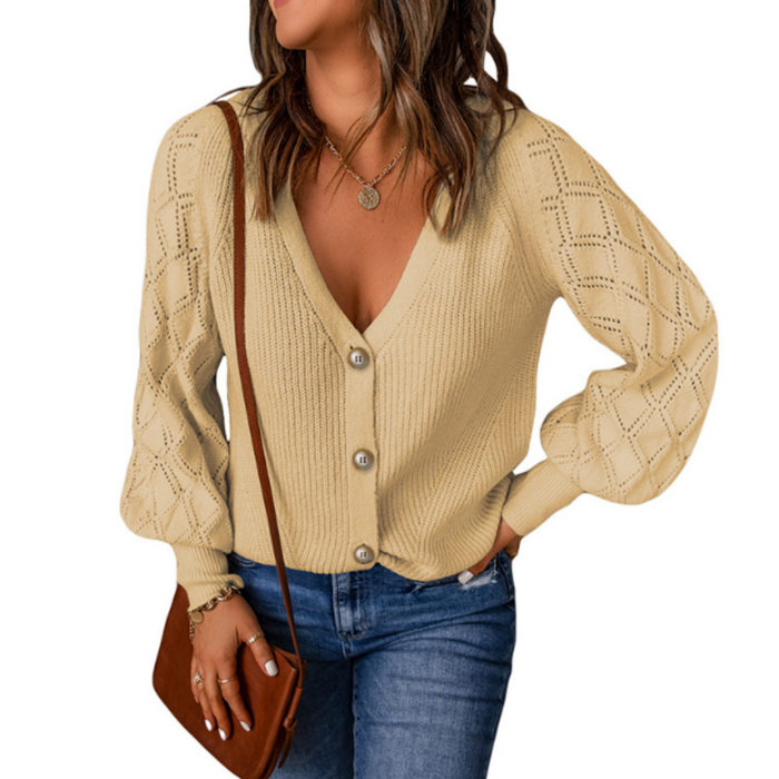 Women's Open Knit Button-Up Sweater: dusty light pink, beige cardigan sweater, casual feminine style