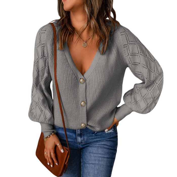Women's Open Knit Button-Up Sweater: dusty light pink, beige cardigan sweater, casual feminine style
