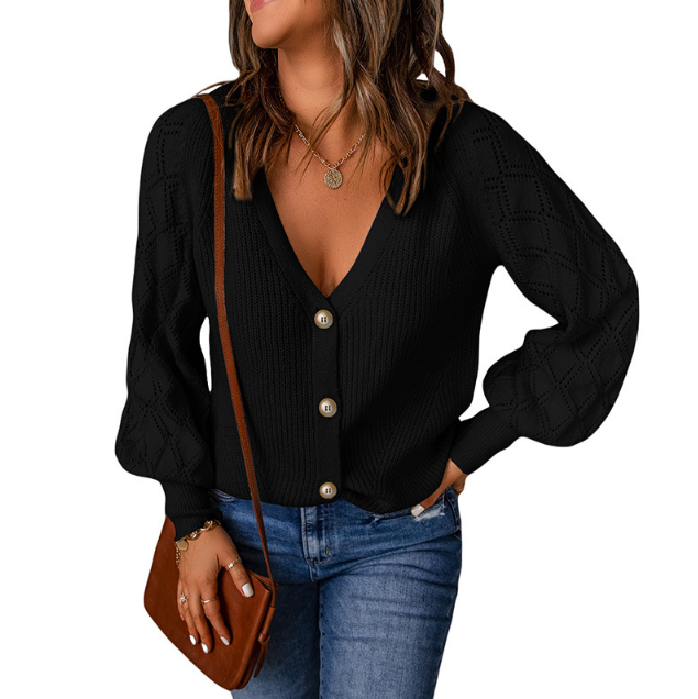 Women's Open Knit Button-Up Sweater: dusty light pink, beige cardigan sweater, casual feminine style