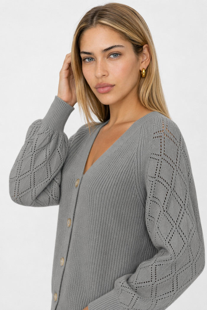 Women's Open Knit Button-Up Sweater Gray