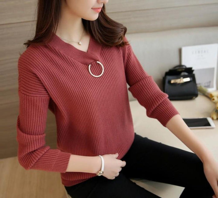 Women's Sweaters with V-Neck Design: dark olive green, silver long-sleeve V-neck knit top, minimal style