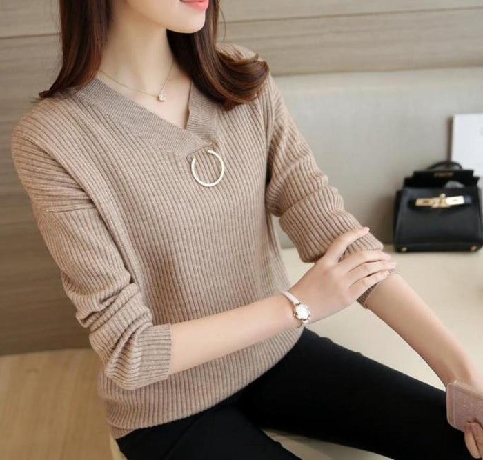 Women's Sweaters with V-Neck Design: dark olive green, silver long-sleeve V-neck knit top, minimal style