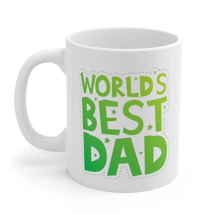 World's Greatest Father Mug: white, green mug, bold typographic graphic style