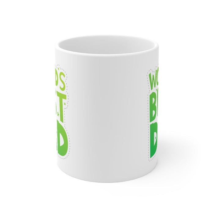 World's Greatest Father Mug: white, green mug, bold typographic graphic style