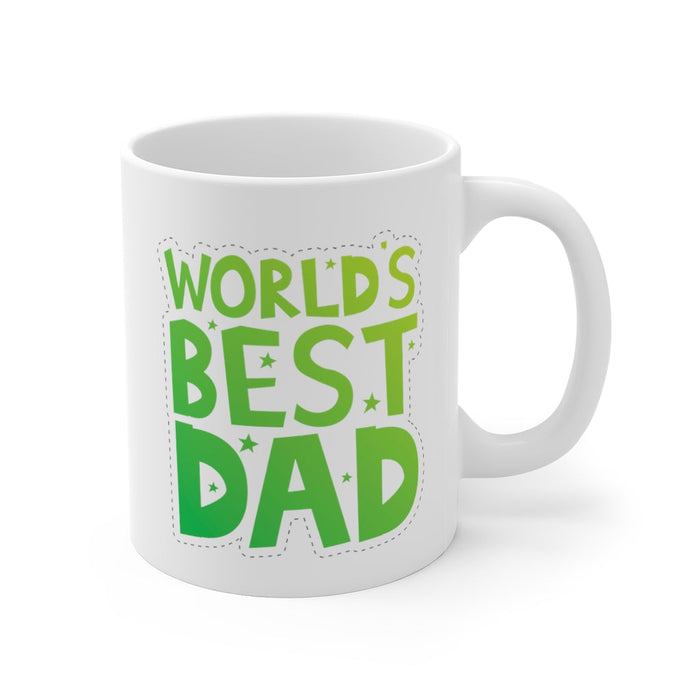 World's Greatest Father Mug: white, green mug, bold typographic graphic style