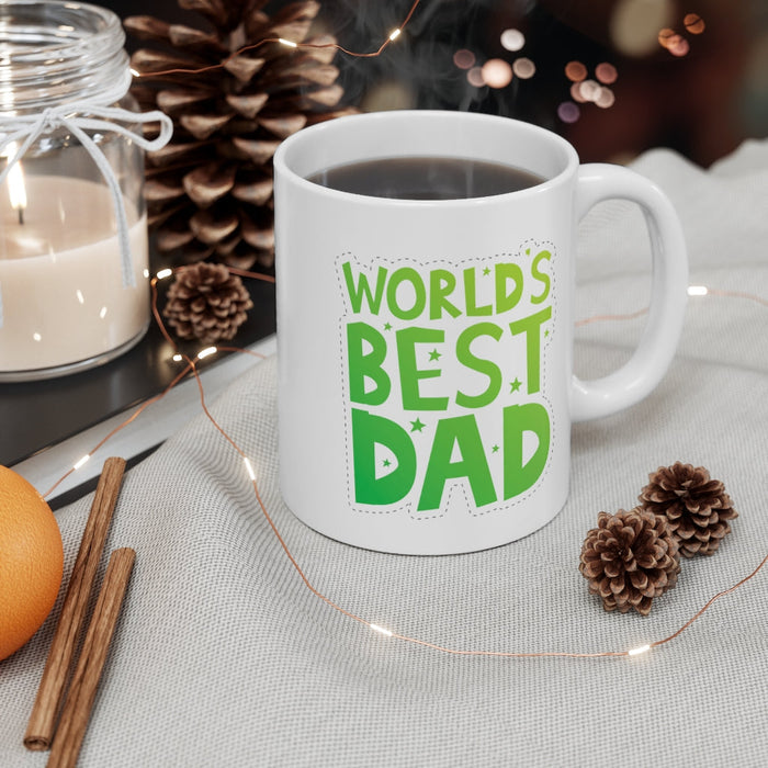 World's Greatest Father Mug: white, green mug, bold typographic graphic style