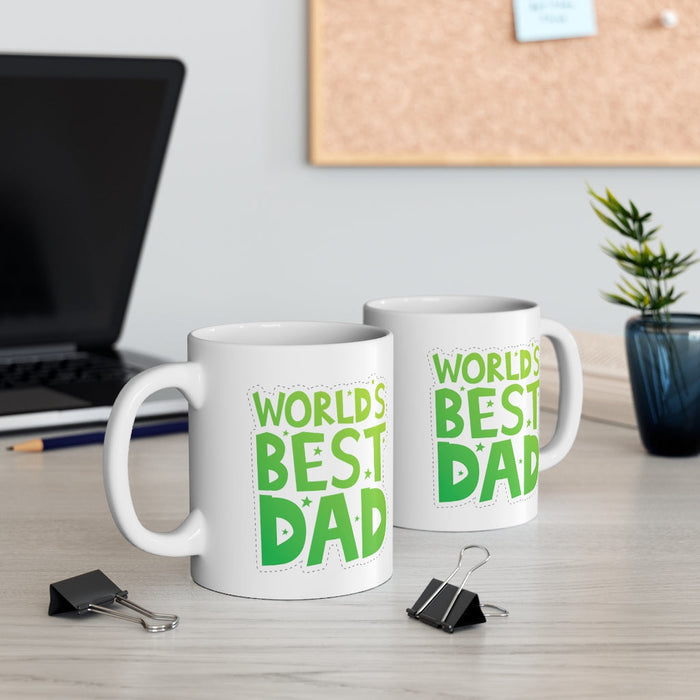 World's Greatest Father Mug: white, green mug, bold typographic graphic style