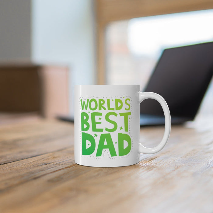 World's Greatest Father Mug: white, green mug, bold typographic graphic style
