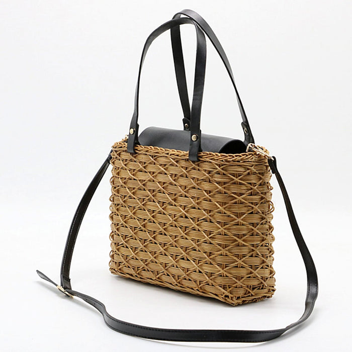 Woven Square Tote Bag: natural tan, black handbag, woven basket-style style