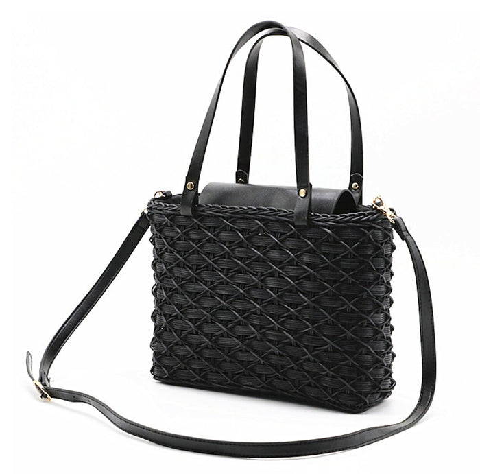 Woven Square Tote Bag: natural tan, black handbag, woven basket-style style