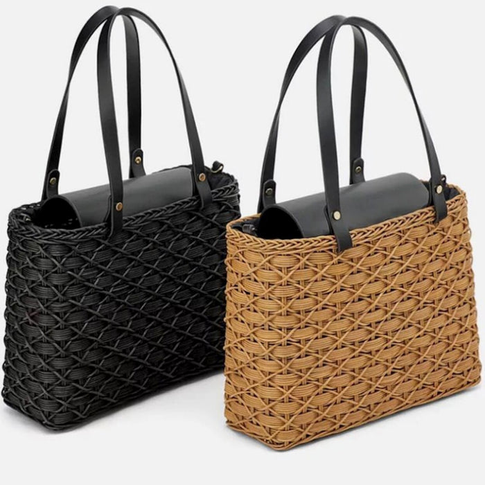 Woven Square Tote Bag: natural tan, black handbag, woven basket-style style