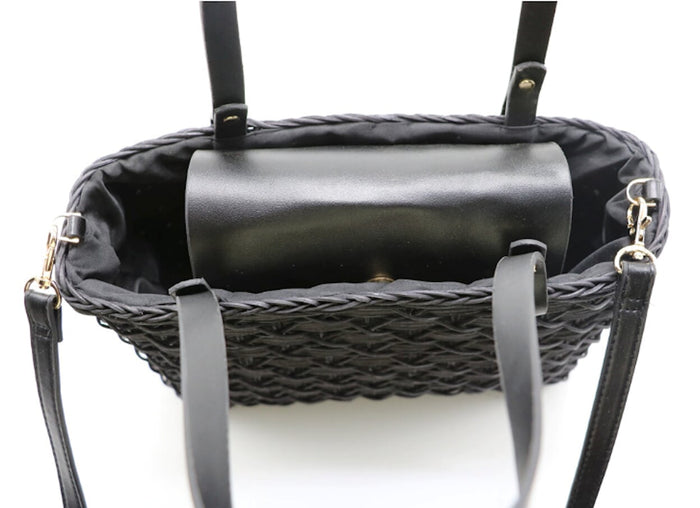 Woven Square Tote Bag: natural tan, black handbag, woven basket-style style