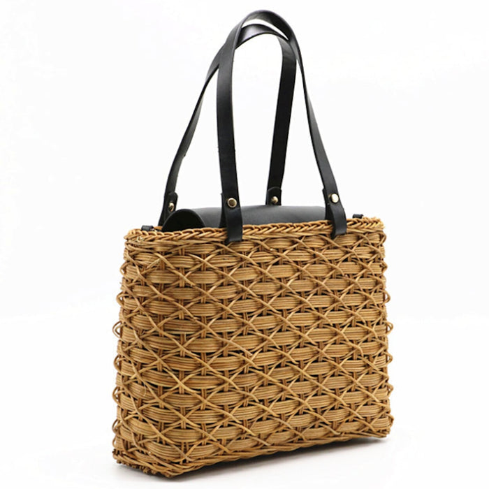 Woven Square Tote Bag: natural tan, black handbag, woven basket-style style