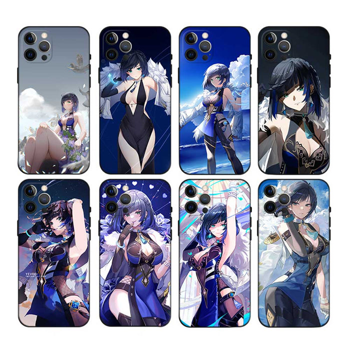 Yelan Genshin Impact iPhone Case: black, dark blue anime-style female characters, anime, illustrated, fantasy-themed style