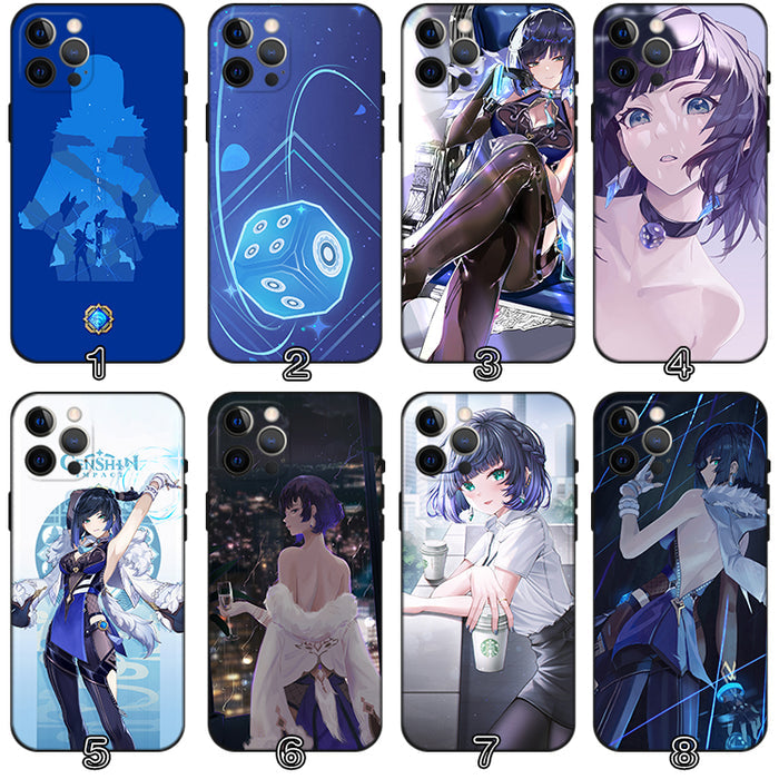 Yelan Genshin Impact iPhone Case: black, dark blue anime-style female characters, anime, illustrated, fantasy-themed style