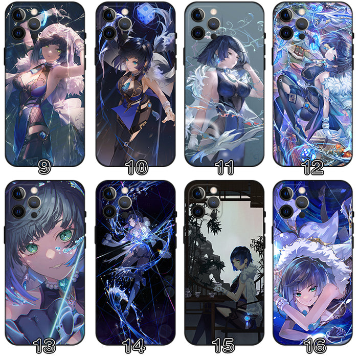Yelan Genshin Impact iPhone Case: black, dark blue anime-style female characters, anime, illustrated, fantasy-themed style