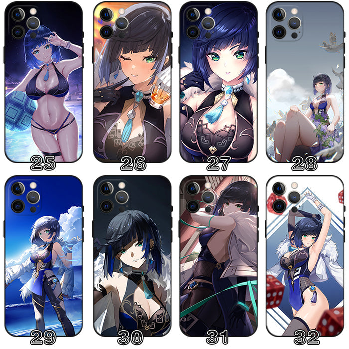 Yelan Genshin Impact iPhone Case: black, dark blue anime-style female characters, anime, illustrated, fantasy-themed style