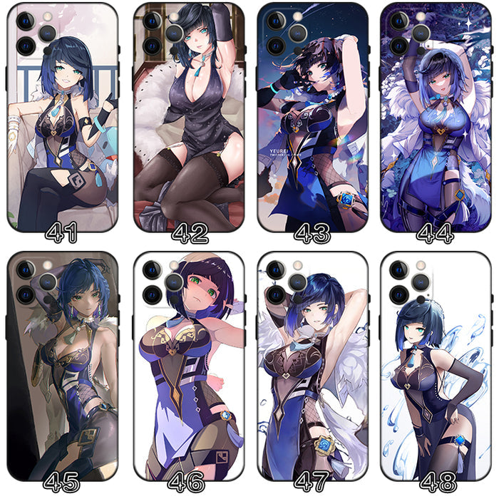 Yelan Genshin Impact iPhone Case: black, dark blue anime-style female characters, anime, illustrated, fantasy-themed style
