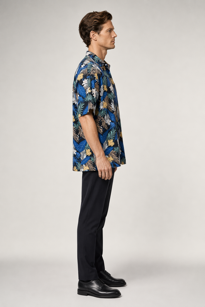 Yellow Hibiscus Print Short Sleeve Oversized Men's Hawaiian Shirt Default