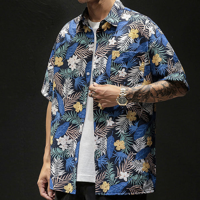 Yellow Hibiscus Print Short Sleeve Oversized Men's Hawaiian Shirt: navy blue, blue tropical floral and leaf pattern, tropical