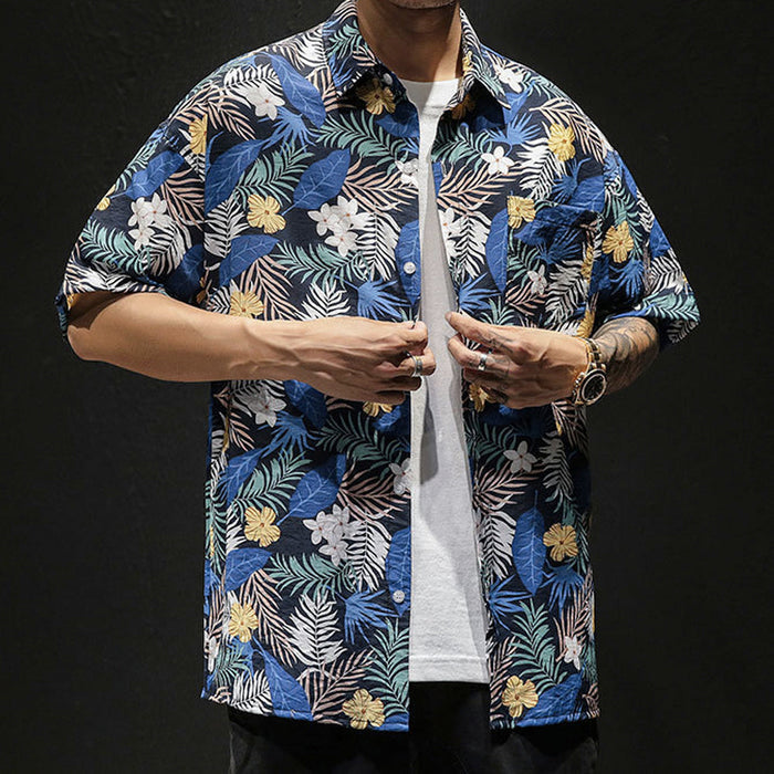 Yellow Hibiscus Print Short Sleeve Oversized Men's Hawaiian Shirt: navy blue, blue tropical floral and leaf pattern, tropical