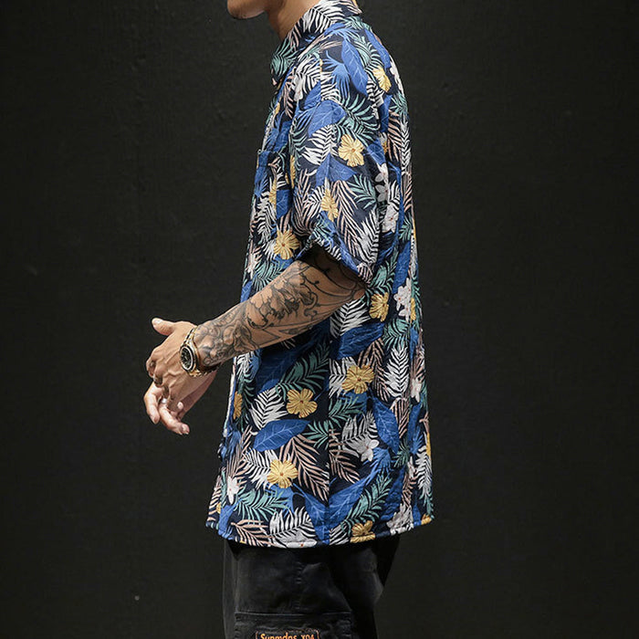 Yellow Hibiscus Print Short Sleeve Oversized Men's Hawaiian Shirt: navy blue, blue tropical floral and leaf pattern, tropical