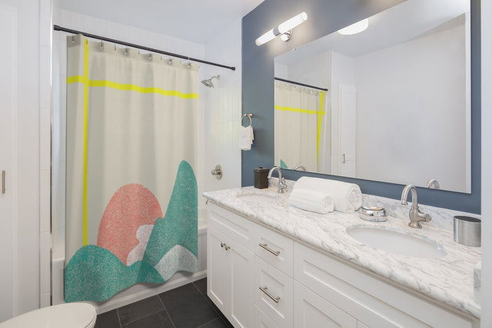 Yellow Striped Landscape Shower Curtain for Home Decoration: cream, yellow abstract landscape, minimal abstract style
