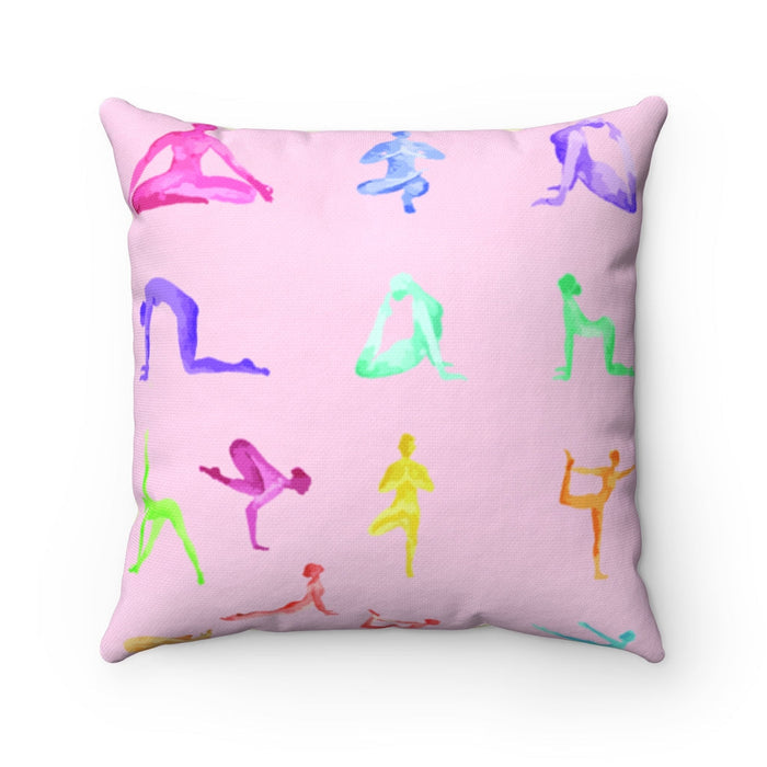 Yoga Haven Square Cushion, Available in 4 Dimensions: light pink, purple yoga poses, colorful graphic style