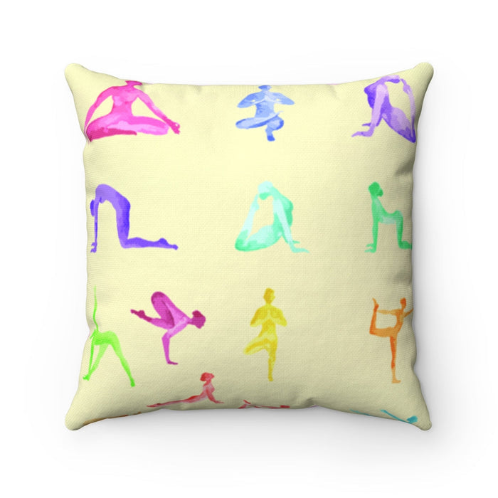 Yoga Haven Square Cushion, Available in 4 Dimensions: light pink, purple yoga poses, colorful graphic style