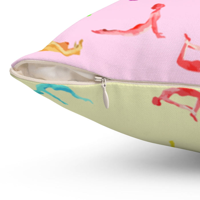 Yoga Haven Square Cushion, Available in 4 Dimensions: light pink, purple yoga poses, colorful graphic style