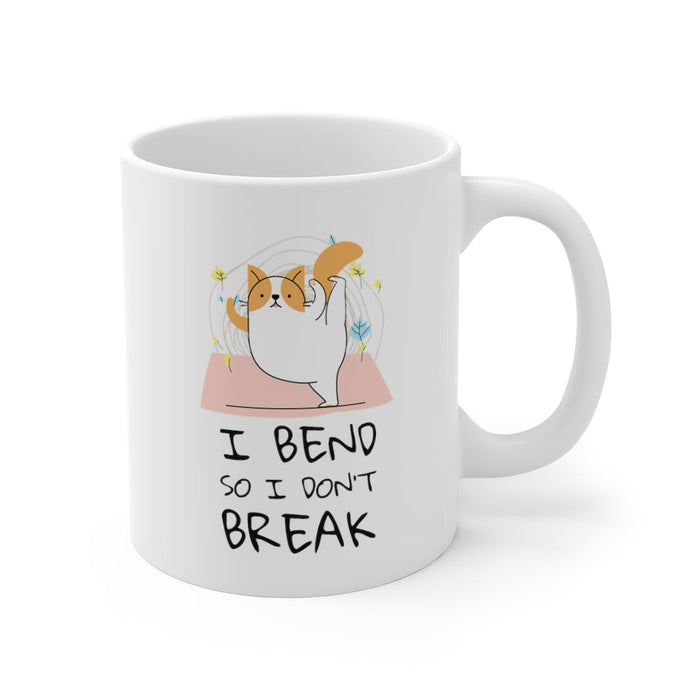 Yoga Pose Feline, I Flex So I Avoid Snapping Mug: white, orange cartoon cat, cute cartoon style