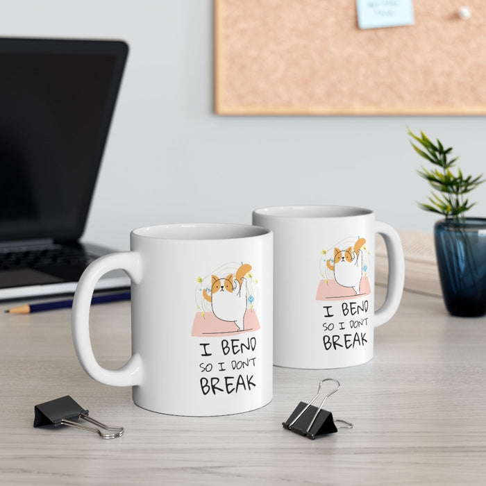 Yoga Pose Feline, I Flex So I Avoid Snapping Mug: white, orange cartoon cat, cute cartoon style