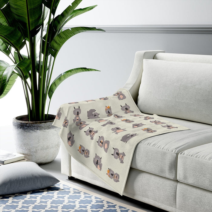 Yoga Poses Luxurious Velvet Blanket: cream, gray koala characters, cute cartoon style