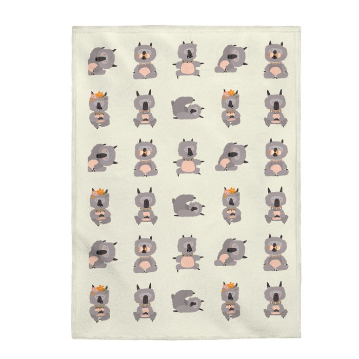 Yoga Poses Luxurious Velvet Blanket: cream, gray koala characters, cute cartoon style