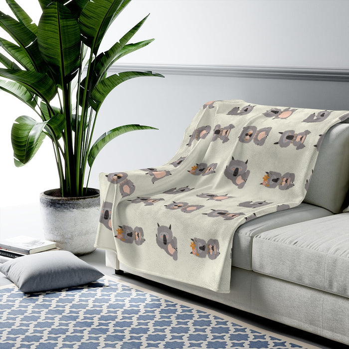 Yoga Poses Luxurious Velvet Blanket: cream, gray koala characters, cute cartoon style