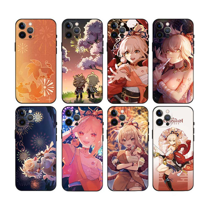 Yoimiya Genshin Impact Phone Case: orange, black anime-style characters and decorative scenes, anime, colorful illustrated st
